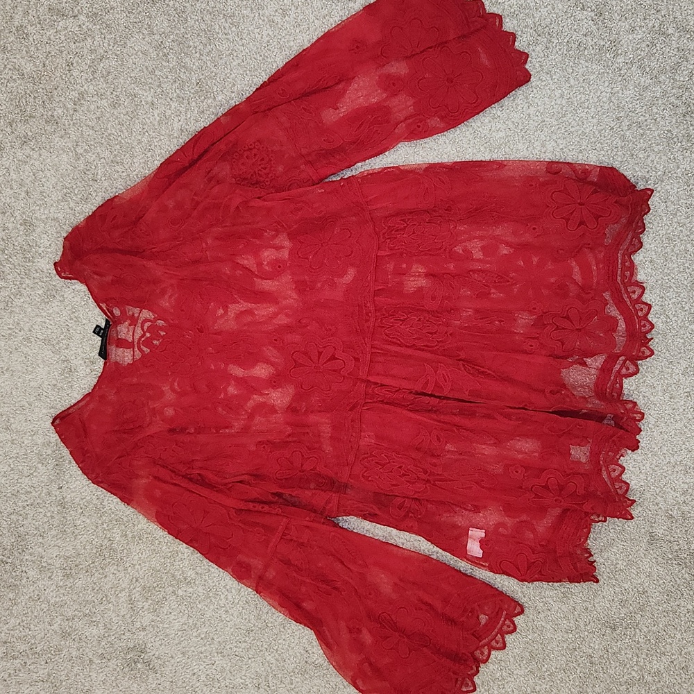 Lane Bryant Vibrant Red Sheer Lace Top - Picture 5 of 6